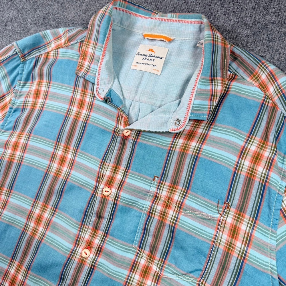 Tommy Bahama Jeans Shirt Mens Large Blue Orange Plaid Island Crafted Cotton SS
